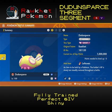 Three Segment Dudunsparce 6IV Shiny Battle Ready Pokemon Scarlet