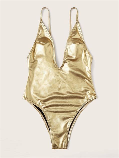 Gold Metallic Deep Plunge Low Back One Piece Swimsuit Bikini Bikini My XXX Hot Girl
