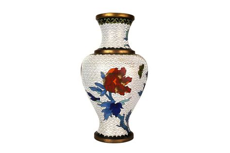 Vintage Cloisonne Vase With Flowers Blue And White Enamel And Brass