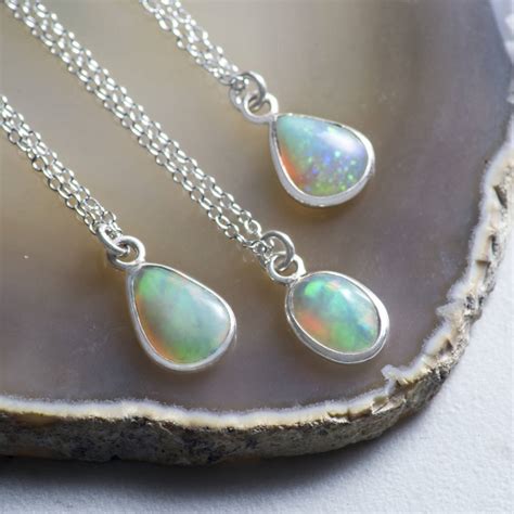 Silver Natural Opal October Birthstone Pendant Necklace By Embers