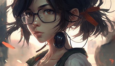 Premium Photo Anime Girl With Glasses And A Green Vest Looking At The Camera Generative Ai