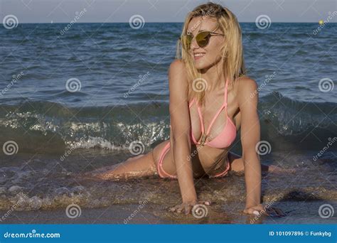 Beautiful Woman In Bikini Standing At Sea Beach Stock Photo Image Of Surf Summer