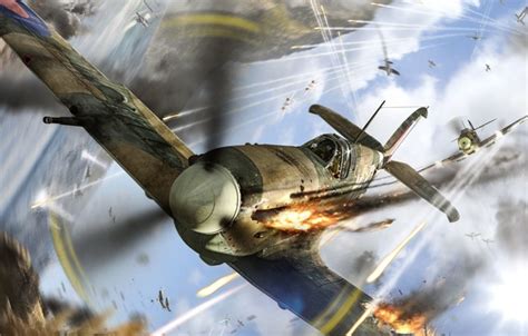 Wallpaper fire, aircraft, shooting, in the sky, Spitfire, prosecution ...