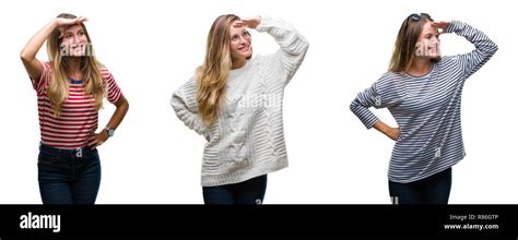 Collage de belle jeune femme blonde sur fond isolé très heureux et souriant à loin avec la main