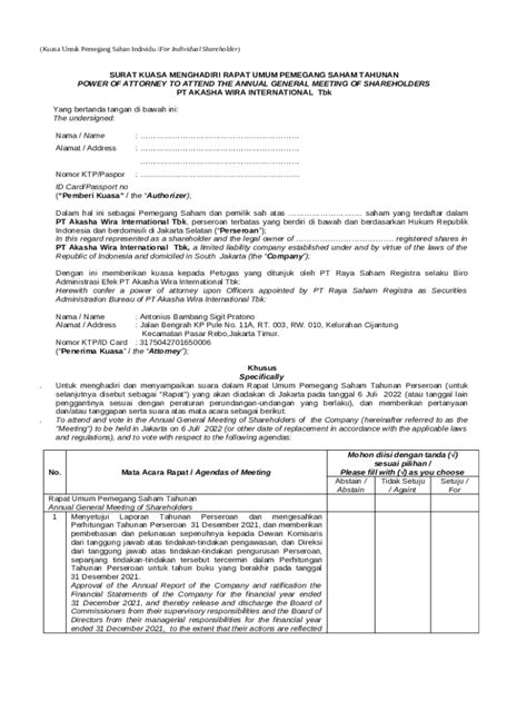 Surat Kuasa Pemegang Saham Eng Power Of Attorney Doc Template