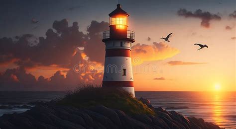 Beautiful Lighthouse by the Ocean with Sunset Stock Illustration ...