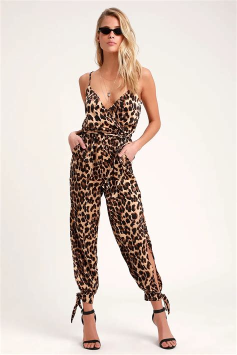 Babe Squad Brown Leopard Print Satin Surplice Jumpsuit Leopard Print Outfits Fashion