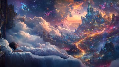 woman dreaming   fantastical landscape filled  surreal clouds
