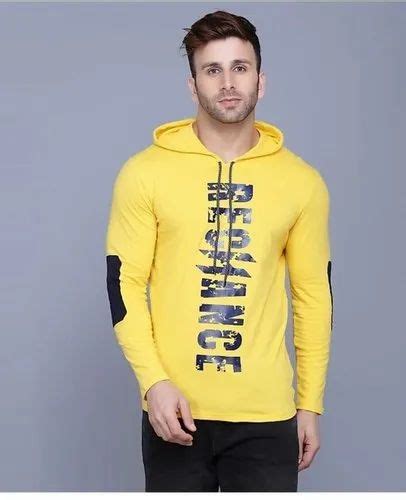 Cotton Full Sleeves Printed Men Hooded Neck Yello T Shirts Size