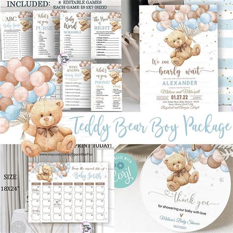 Editable Teddy Bear Baby Shower Invitation We Can Bearly Wait Boy Package Games Hot Air Balloon