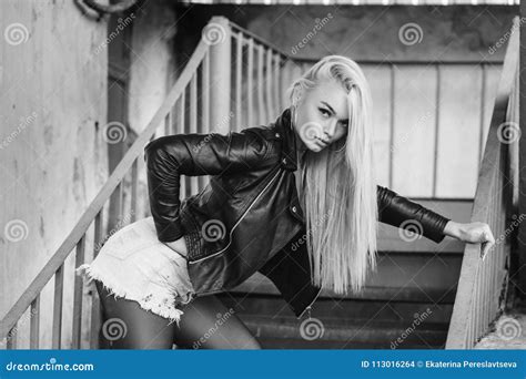 Portrait Of A Beautiful Blonde In A Leather Jacket Stock Photo Image Of Fashion Person 113016264