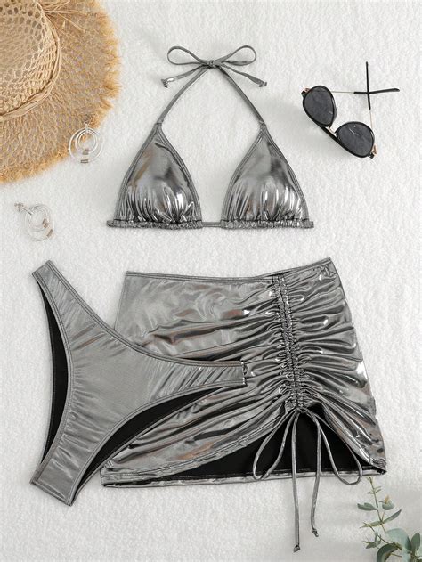 SHEIN Swim Y2GLAM Metallic Halter Triangle Bikini Swimsuit With Beach