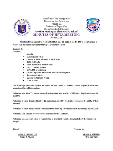 Minutes Of Pta Meeting New 2019 2020 Pdf Government Social