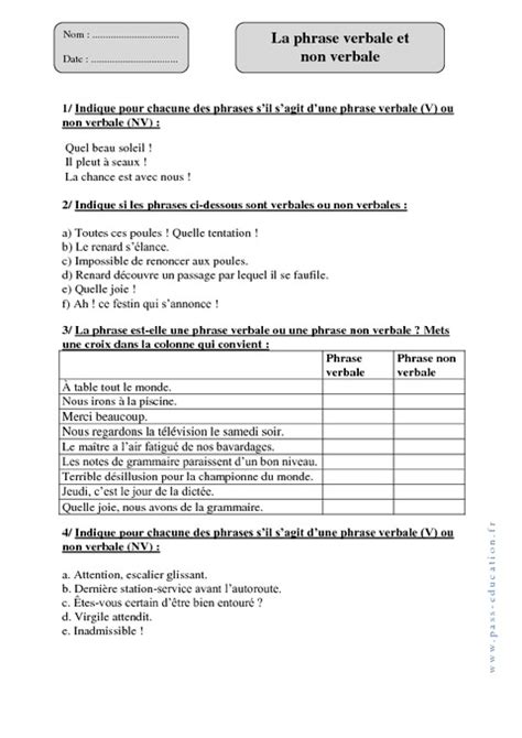 Phrase verbale et non verbale Cm1 Révisions avec correction Pass