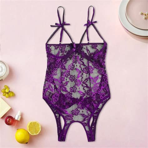 Relanfenk Intimates Women Bow Lace Hollow Open Crotch Teddy Bodysuit Backless Jumpsuit Lingerie