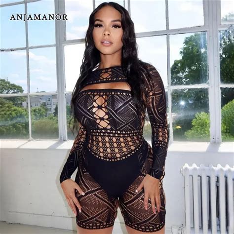 Anjamanor Hollow Out See Through Knit Playsuit Romper Sexy Club Outfit For Black Woman One Piece