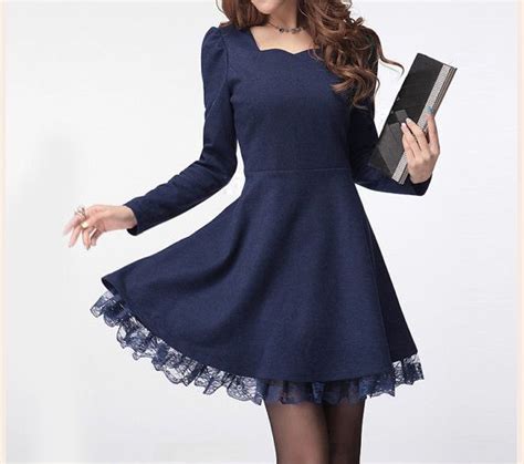 Navy Blue Wool Dress Long Sleeve Dress Maxi Dress Casual Cotton Skirt Lace Edge Dress Women