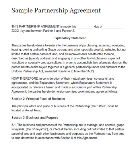 Free Sample Partnership Agreement Templates In Pdf Ms Word