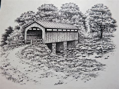 Covered Bridge | Landscape drawings, Covered bridges, Landscape pencil ...