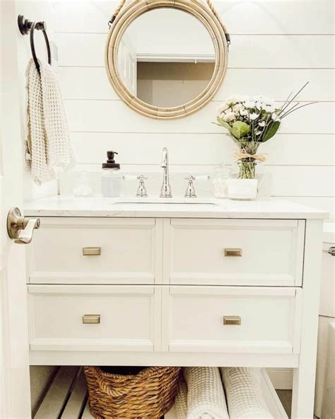 Open Shelf Vanity Against White Shiplap Wall Soul Lane