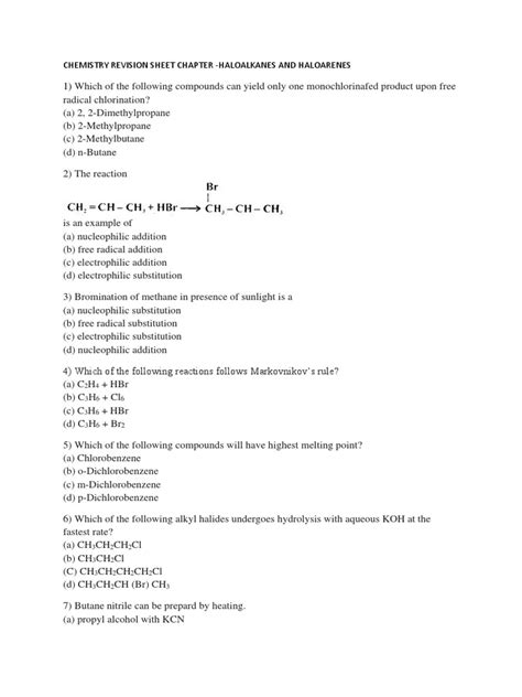 Haloalkanes And Haloarenes Revision Sheet Pdf Organic Reactions