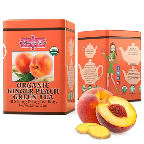 1 Pack Brew La La Organic Green Tea Natural Ginger Peach Flavor 50 Tea Bag Tin Low