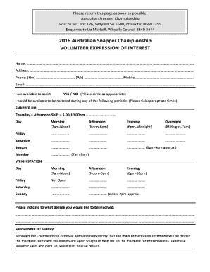 Fillable Online Volunteer Expression Of Interest Form 2016 City Of