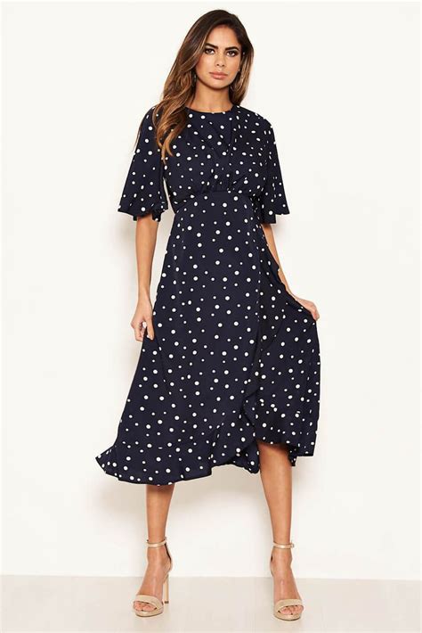 Navy Polka Dot Wrap Frill Midi Dress Ax Paris