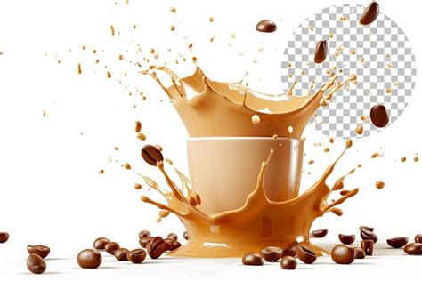 Premium Psd Milk Coffee Splash With Falling Coffee Beans On