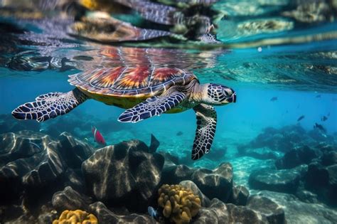 Tortuga Bebé Nadando En Un Océano Claro Rodeada De Peces De Colores