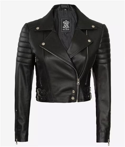 Womens Black Cropped Moto Leather Jacket In UK