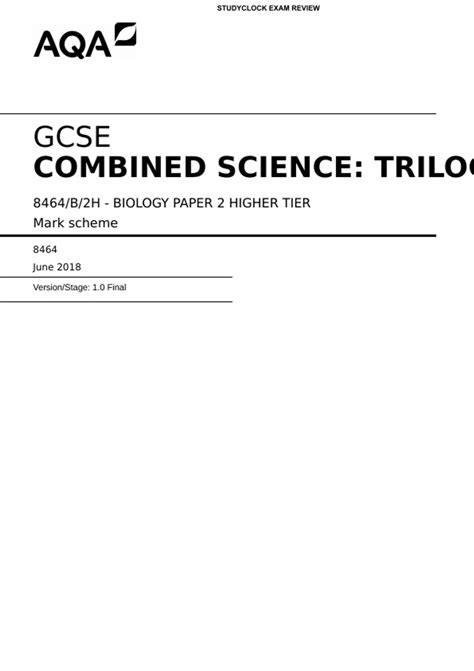 Aqa Gcse Combined Science Trilog B H Biology Paper Higher