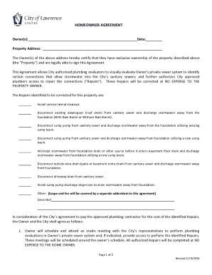 Fillable Online HOMEOWNER AGREEMENT Lawrence EcoFlow Program Fax