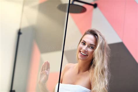 Beautiful Blonde Caucasian Woman Posing In Bathroom With Wet Hair Stock Image Image Of