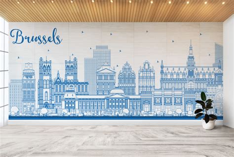 Brussels Blue Vector Skyline Wallpaper – Muros Wallpapers