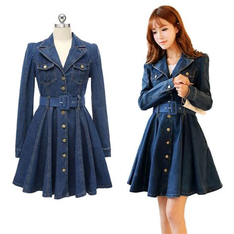 Plus Size Women Vintage Jeans Dress Spring Autumn Long Sleeve A Line