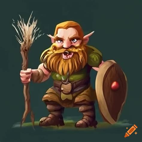 Illustration Of A Happy Dwarf Druid With A Wooden Shield And A Mushroom