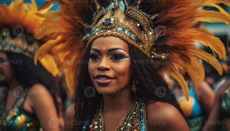 Beautiful Brazilian women in traditional costumes dance at carnival
