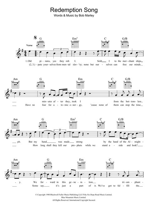 Redemption Song Bob Marley Piano Sheet Music 5