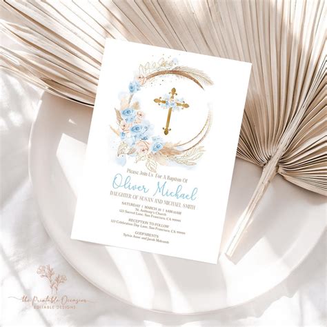 Editable Pampas Grass Baptism Invitation Bohemian Baptism Etsy