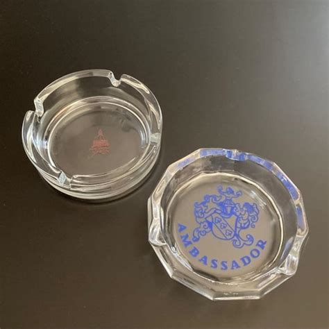 Set Of 2 Clear Glass Logo Ashtrays Ambassador And Hotel Etsy