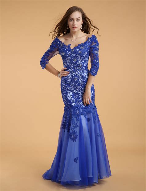 Royal Blue Bateau Neck Beading Mermaid Lace Evening Dress With