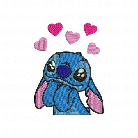 Kawaii Stitch with Hearts Machine Embroidery Design File Lilo - Etsy België