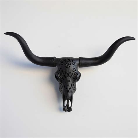 Faux Large Carved Texas Longhorn Skull Wall Decor Matte Black Southwestern Wall Sculptures