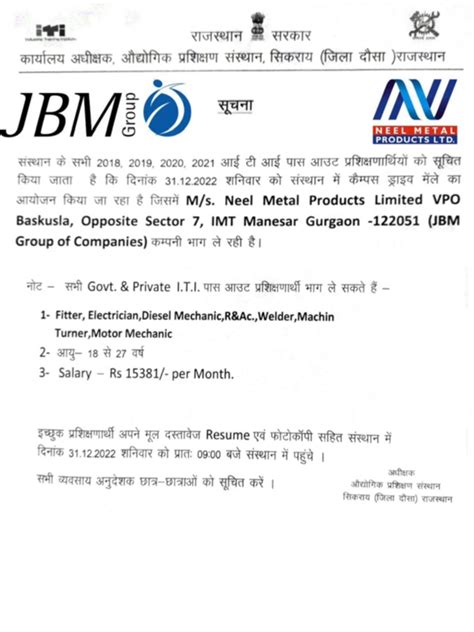 Iti Job Vacancy Neel Metal Products Limited