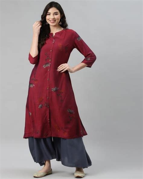 Buy Aarika Womens Wine Mandarin Collar Printed Kurti Online At Best