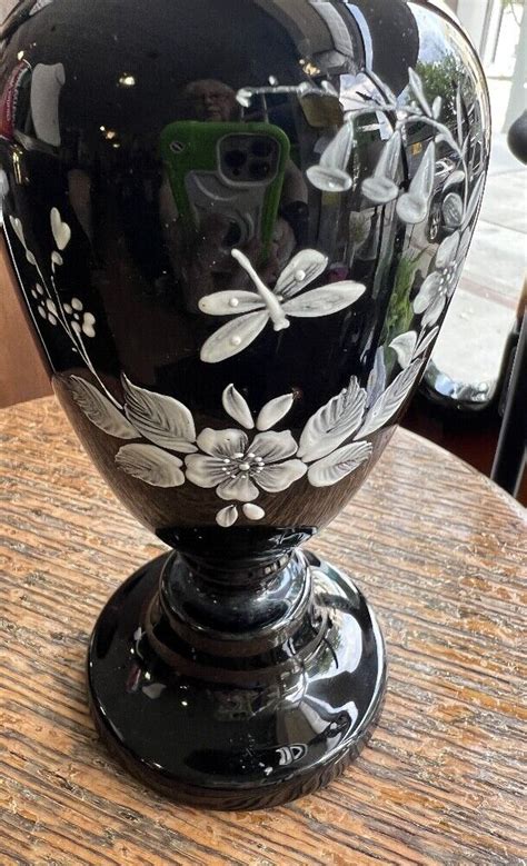 Antique Victorian Mourning Black Opaline Art Glass Bud Vase White Enamel Floral Ebay