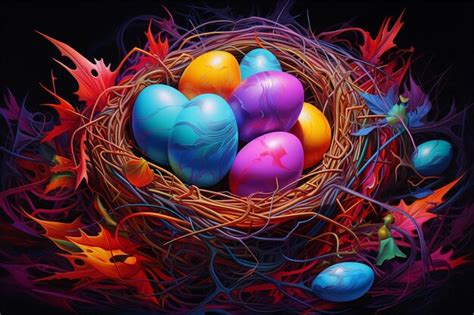 Premium AI Image | A painting of a bird nest with painted eggs neon