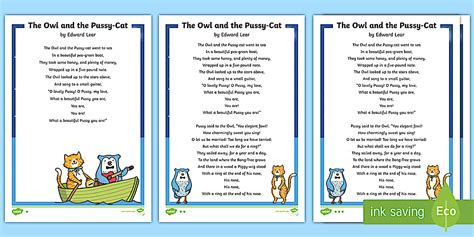 The Owl And The Pussy Cat Poem Poem Sheet Primary