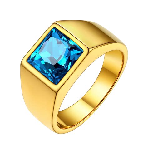 Findchic Square Blue Gemstone Ring 18k Gold Plated Pinky Rings For Men